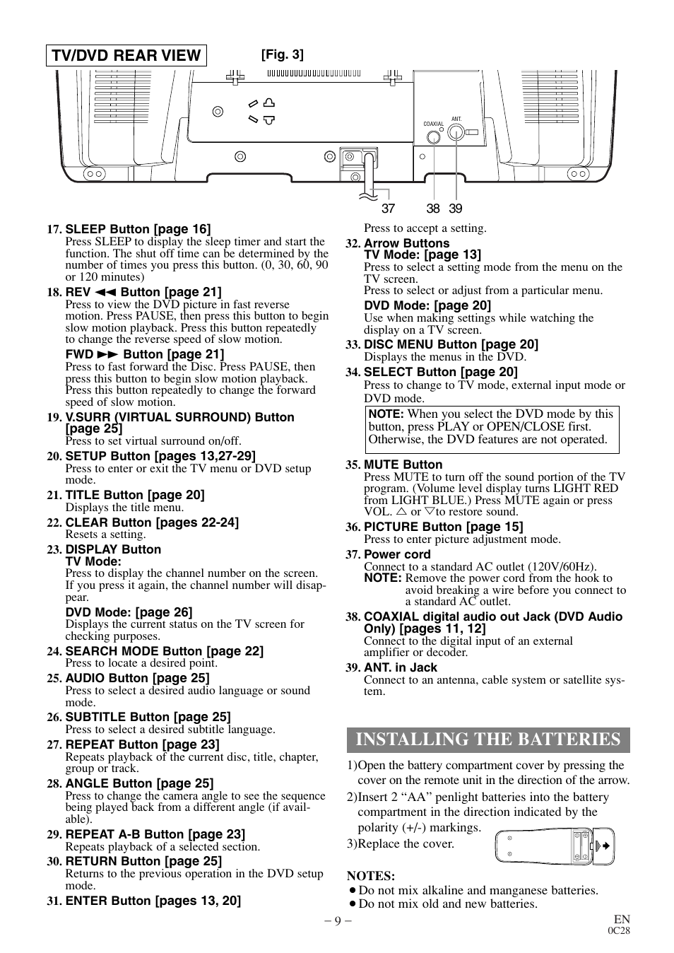 Installing the batteries, Tv/dvd rear view | Symphonic WF20D4 User Manual | Page 9 / 40