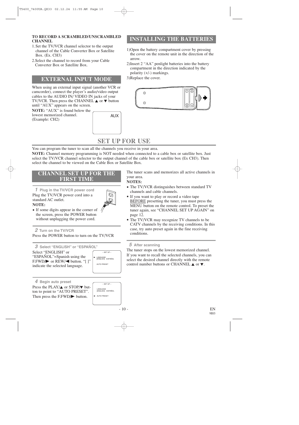 Set up for use, Installing the batteries, Channel set up for the first time | External input mode | Symphonic SC319D User Manual | Page 10 / 32