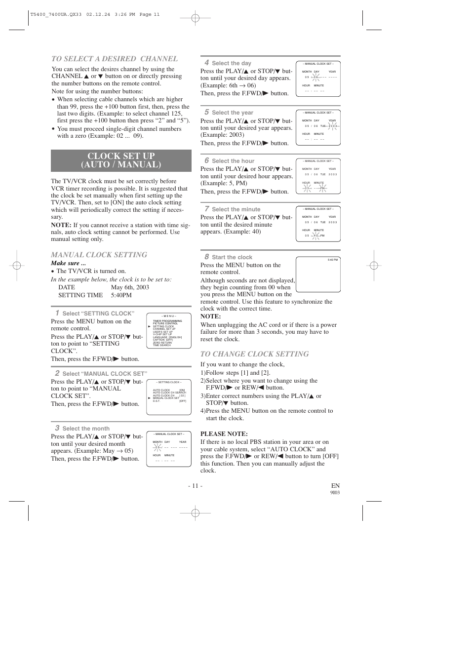 Clock set up (auto / manual), Manual clock setting, 11 - en | Make sure | Symphonic SC319D User Manual | Page 11 / 32