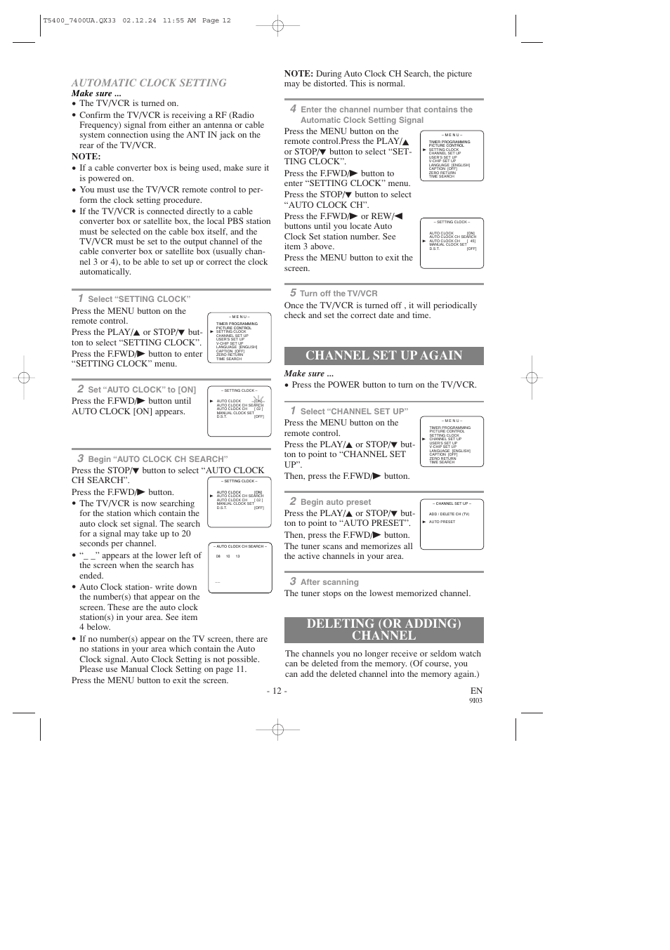 Deleting (or adding) channel channel set up again, Automatic clock setting | Symphonic SC319D User Manual | Page 12 / 32