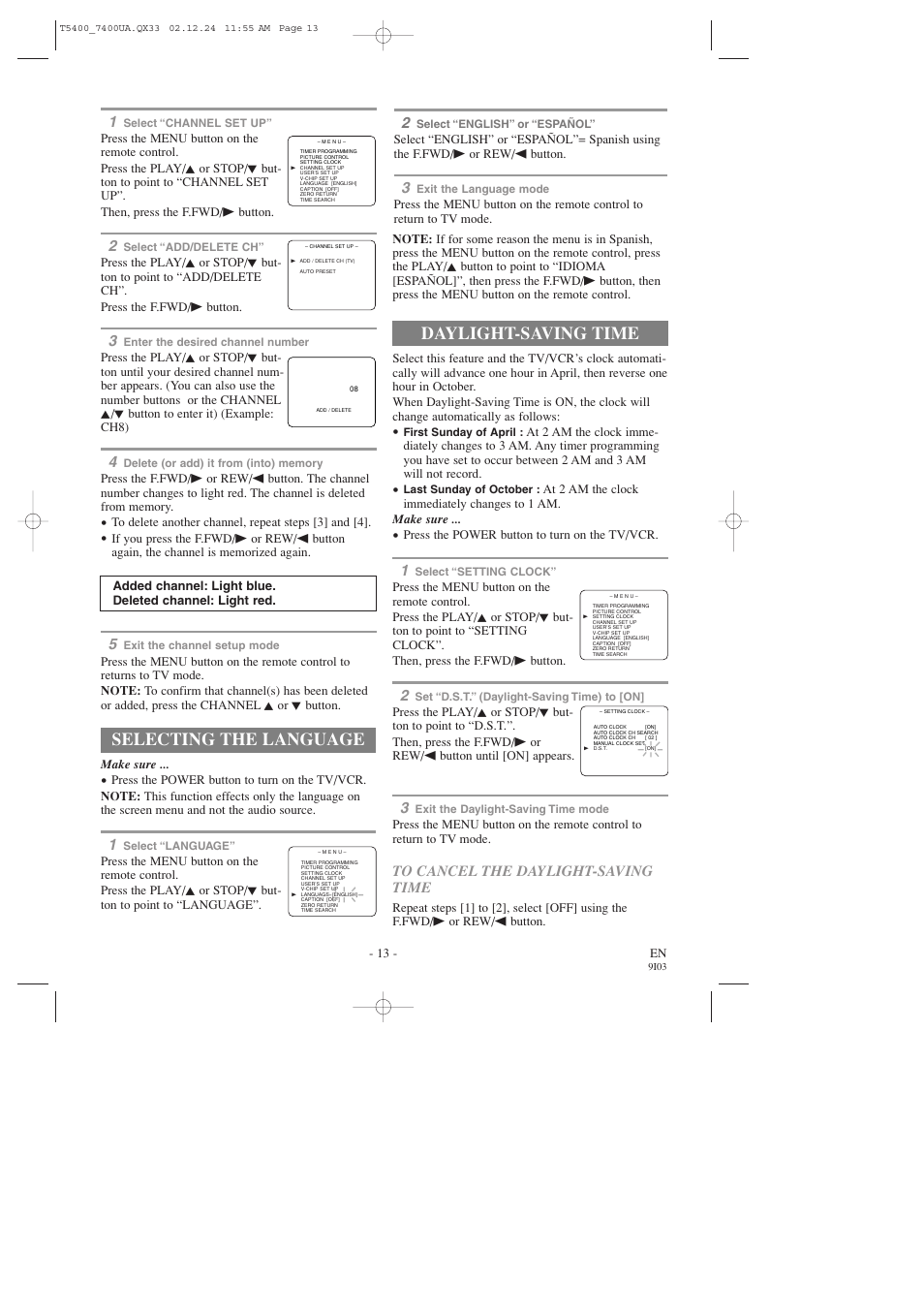 Selecting the language, Daylight-saving time | Symphonic SC319D User Manual | Page 13 / 32