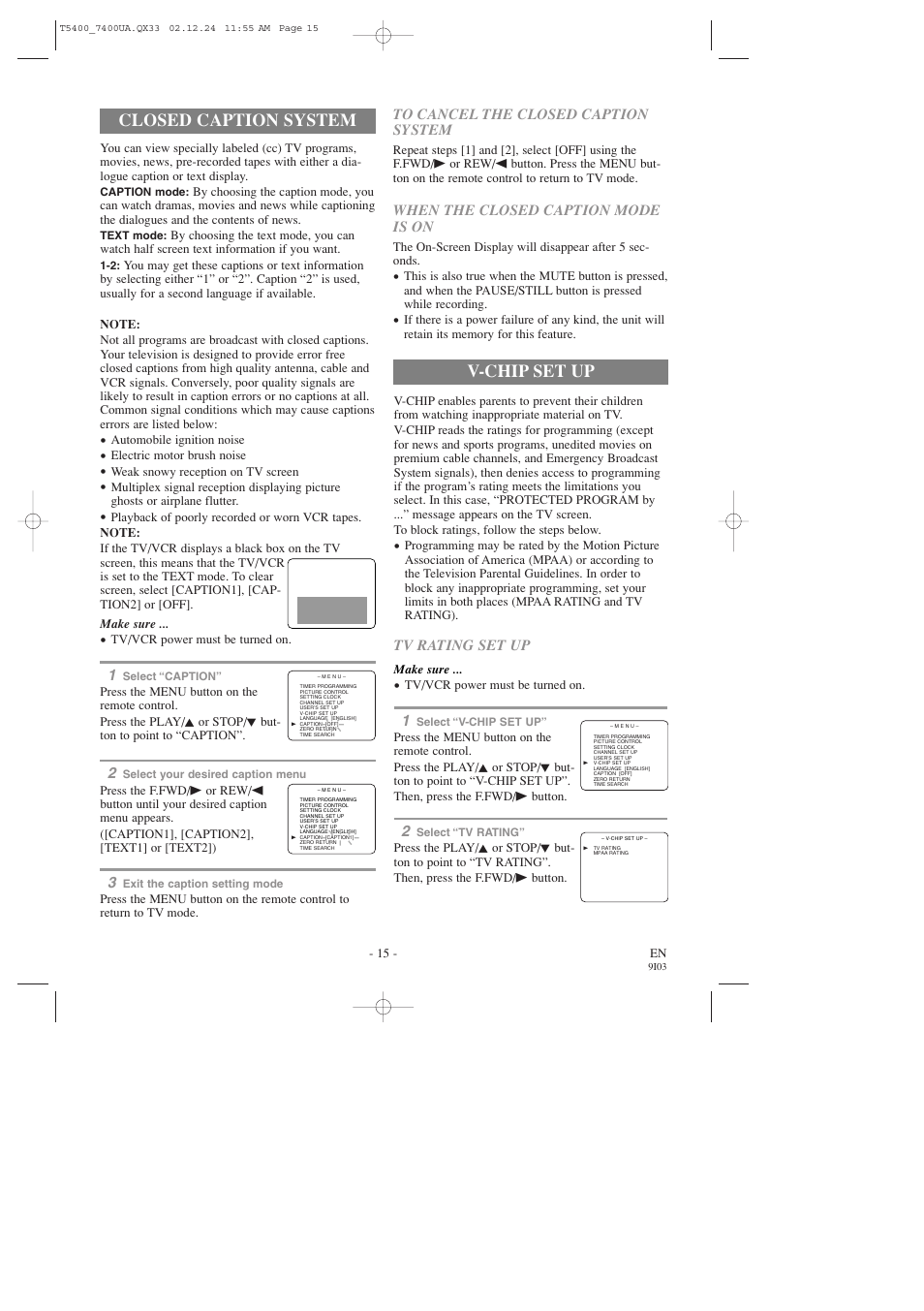 Closed caption system, V-chip set up | Symphonic SC319D User Manual | Page 15 / 32