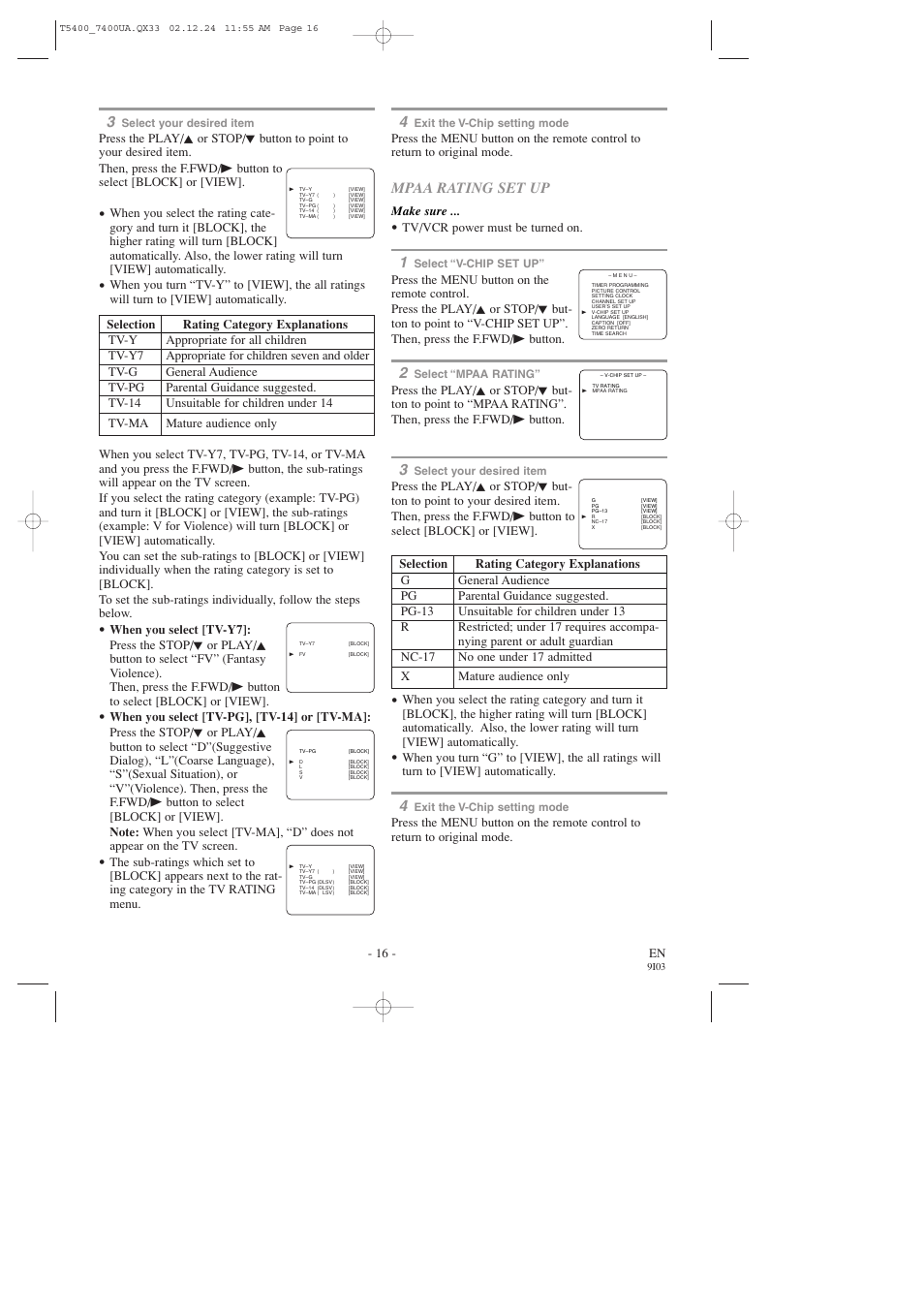 Mpaa rating set up, 16 - en, Make sure | Tv/vcr power must be turned on | Symphonic SC319D User Manual | Page 16 / 32