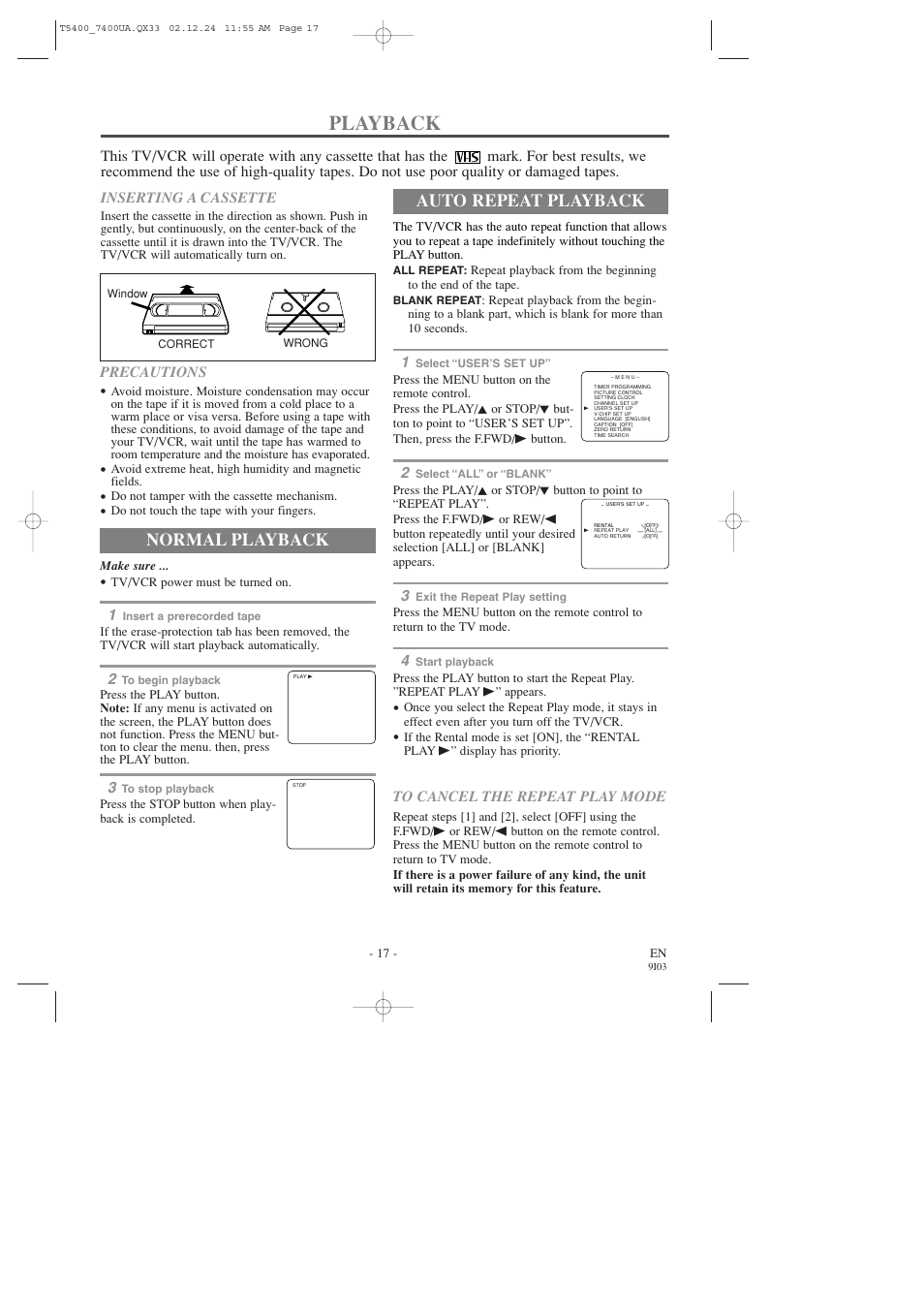 Playback, Auto repeat playback, Normal playback | Symphonic SC319D User Manual | Page 17 / 32