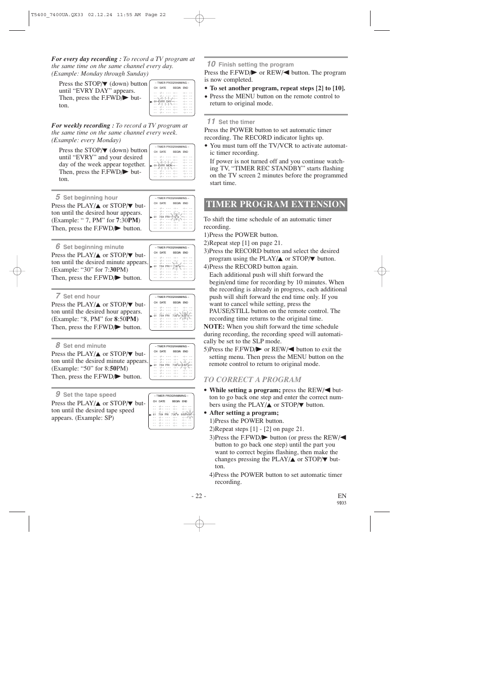 Timer program extension, 22 - en, Set beginning hour | Set beginning minute, Set end hour, Set end minute, Set the tape speed, Finish setting the program, Set the timer, 9i03 | Symphonic SC319D User Manual | Page 22 / 32