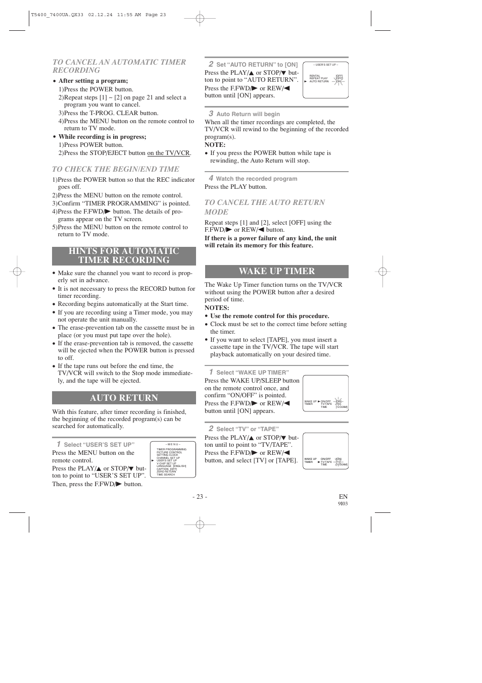 Hints for automatic timer recording, Auto return, Wake up timer | Symphonic SC319D User Manual | Page 23 / 32