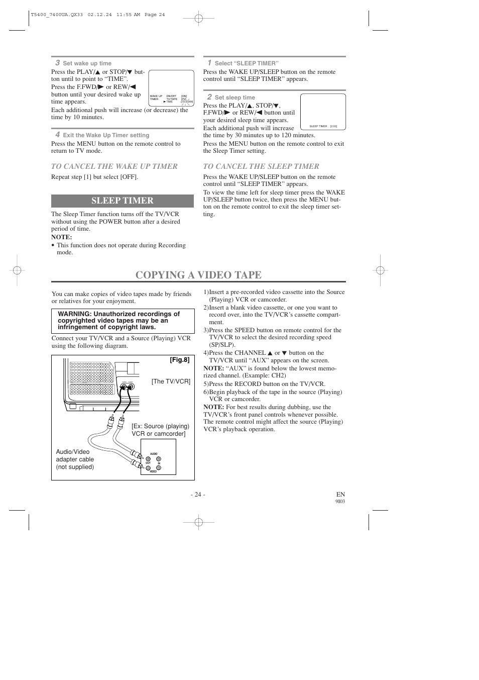 Copying a video tape, Sleep timer | Symphonic SC319D User Manual | Page 24 / 32