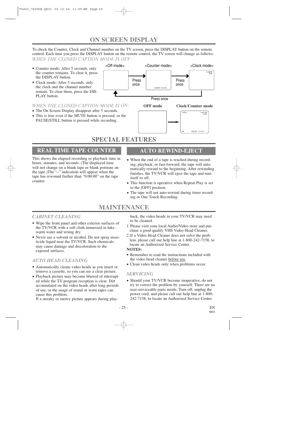 Maintenance, On screen display, Special features | Real time tape counter, Auto rewind-eject | Symphonic SC319D User Manual | Page 25 / 32