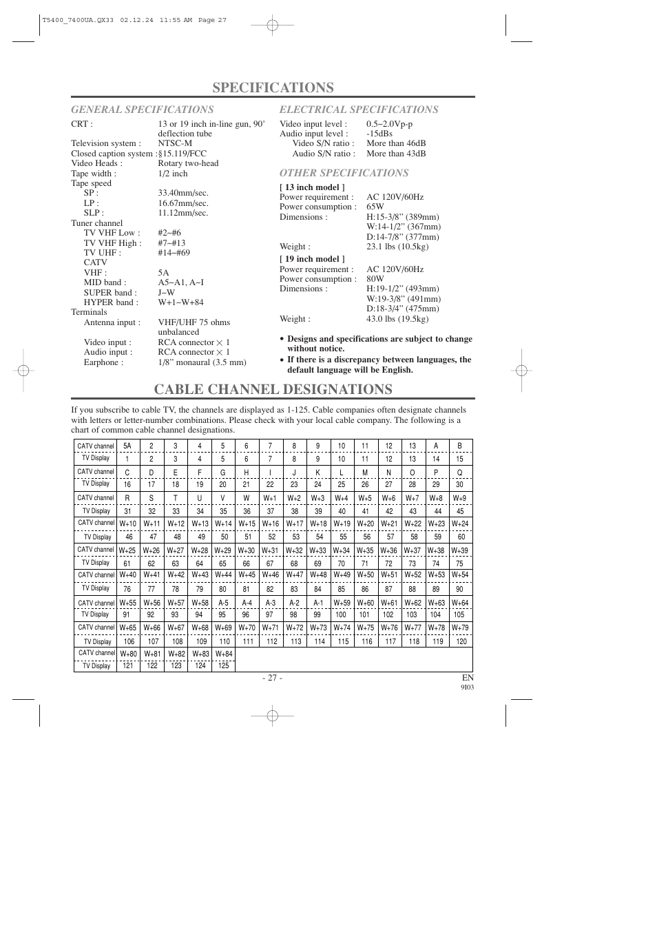 Specifications, Cable channel designations | Symphonic SC319D User Manual | Page 27 / 32