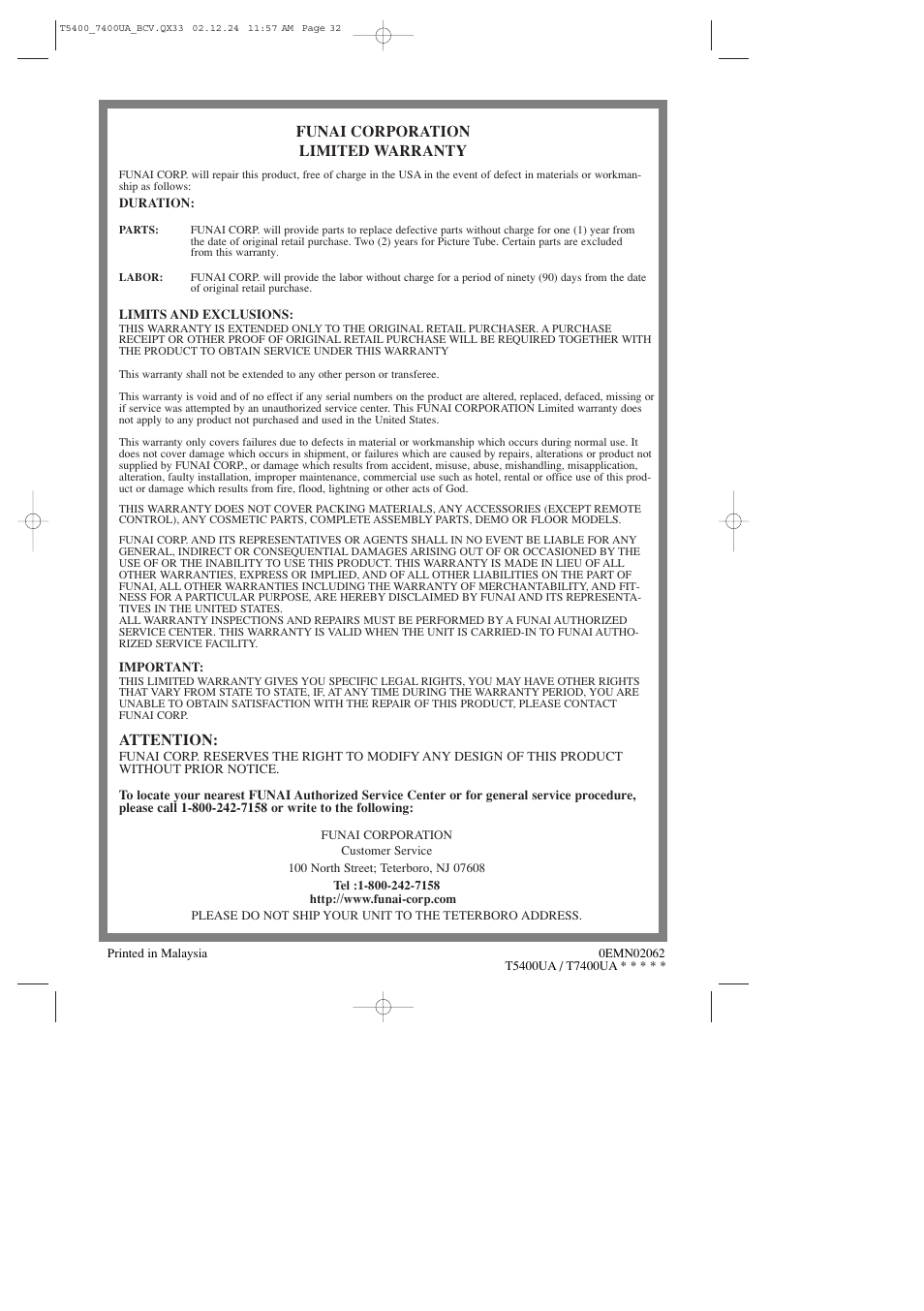 Funai corporation limited warranty, Attention | Symphonic SC319D User Manual | Page 32 / 32