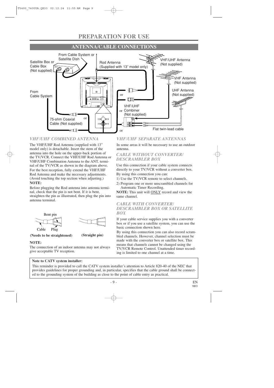 Preparation for use, Antenna/cable connections | Symphonic SC319D User Manual | Page 9 / 32