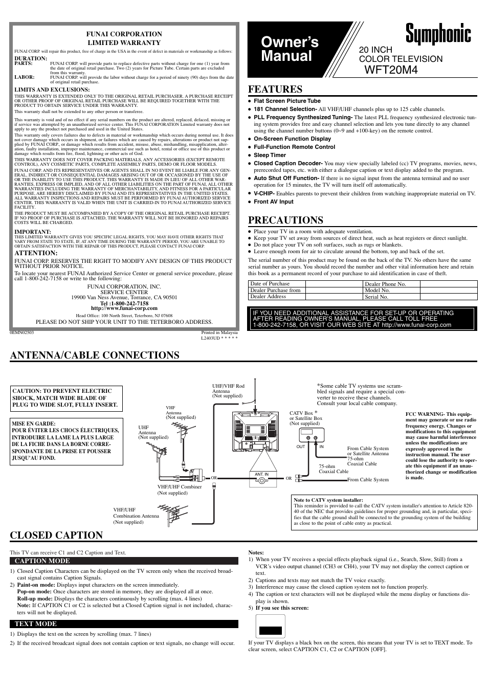 Symphonic WFT20M4 User Manual | 8 pages