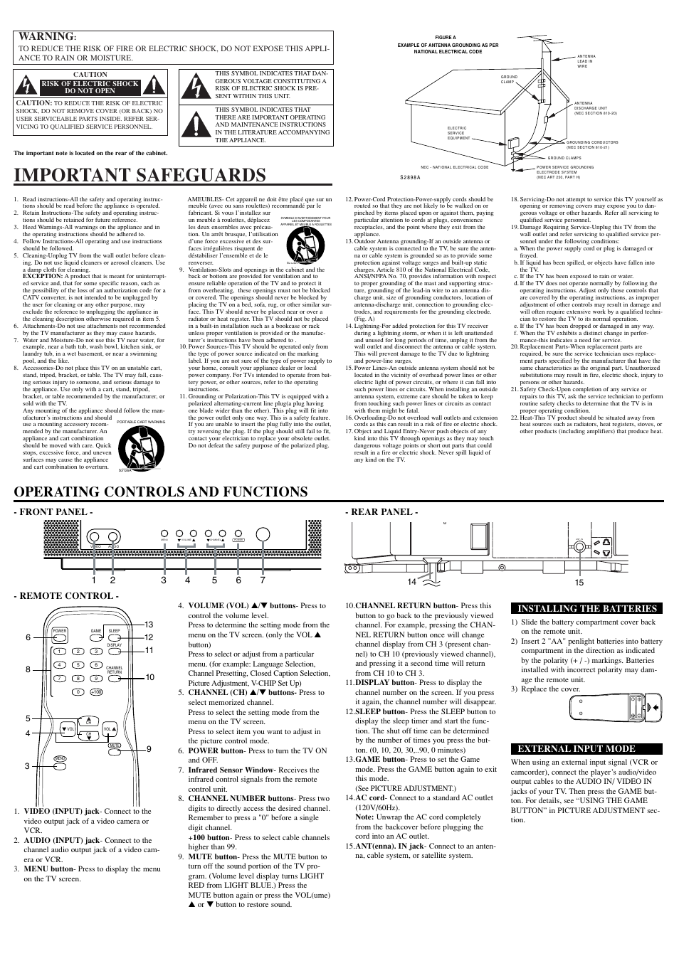 Important safeguards, Operating controls and functions, Warning | Front panel - - rear panel, Remote control, Installing the batteries, External input mode | Symphonic WFT20M4 User Manual | Page 2 / 8