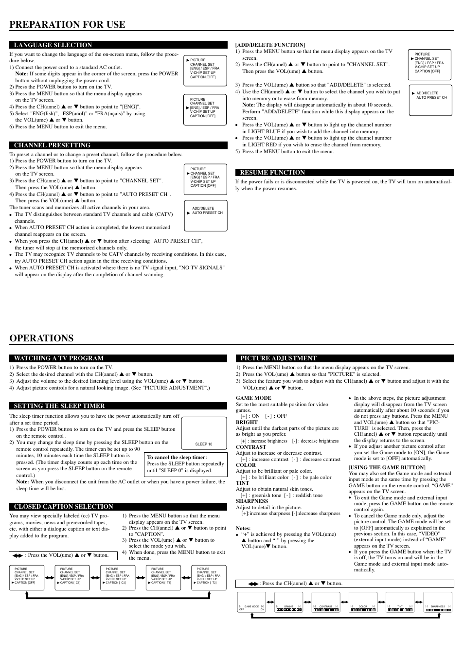 Preparation for use, Operations, Watching a tv program | Setting the sleep timer, Closed caption selection, Picture adjustment, Language selection, Channel presetting, Resume function | Symphonic WFT20M4 User Manual | Page 3 / 8