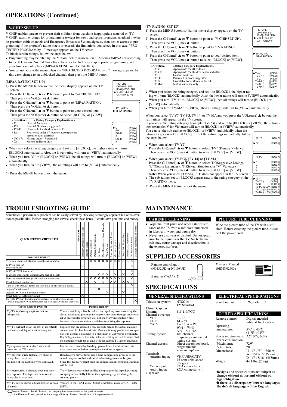 Owner’s manual, V-chip set up, General specifications | Electrical specifications, Other specifications, Cabinet cleaning, Picture tube cleaning | Symphonic WFT20M4 User Manual | Page 4 / 8