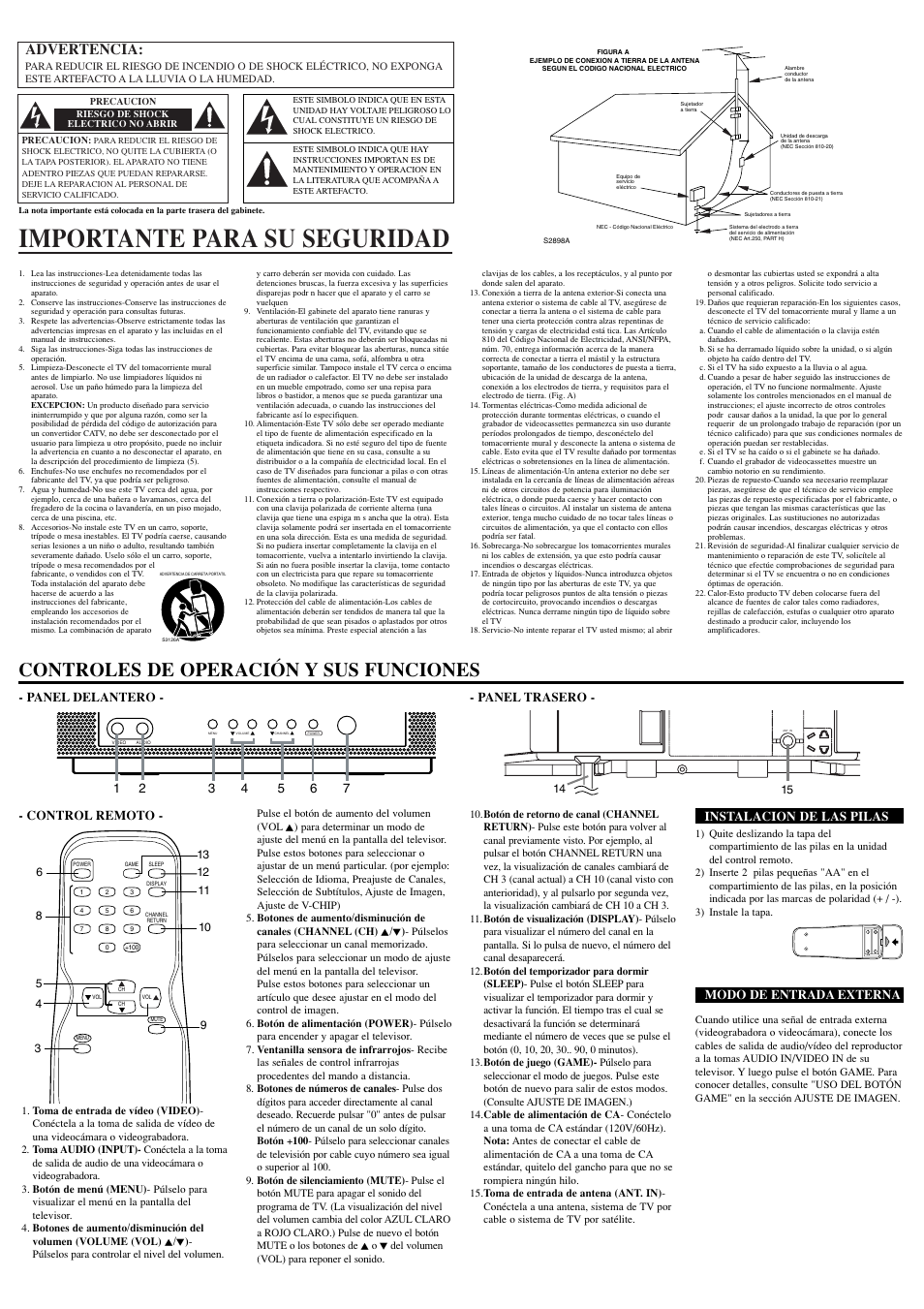Importante para su seguridad, Controles de operación y sus funciones, Advertencia | Panel delantero - - panel trasero, Control remoto, Instalacion de las pilas, Modo de entrada externa | Symphonic WFT20M4 User Manual | Page 6 / 8