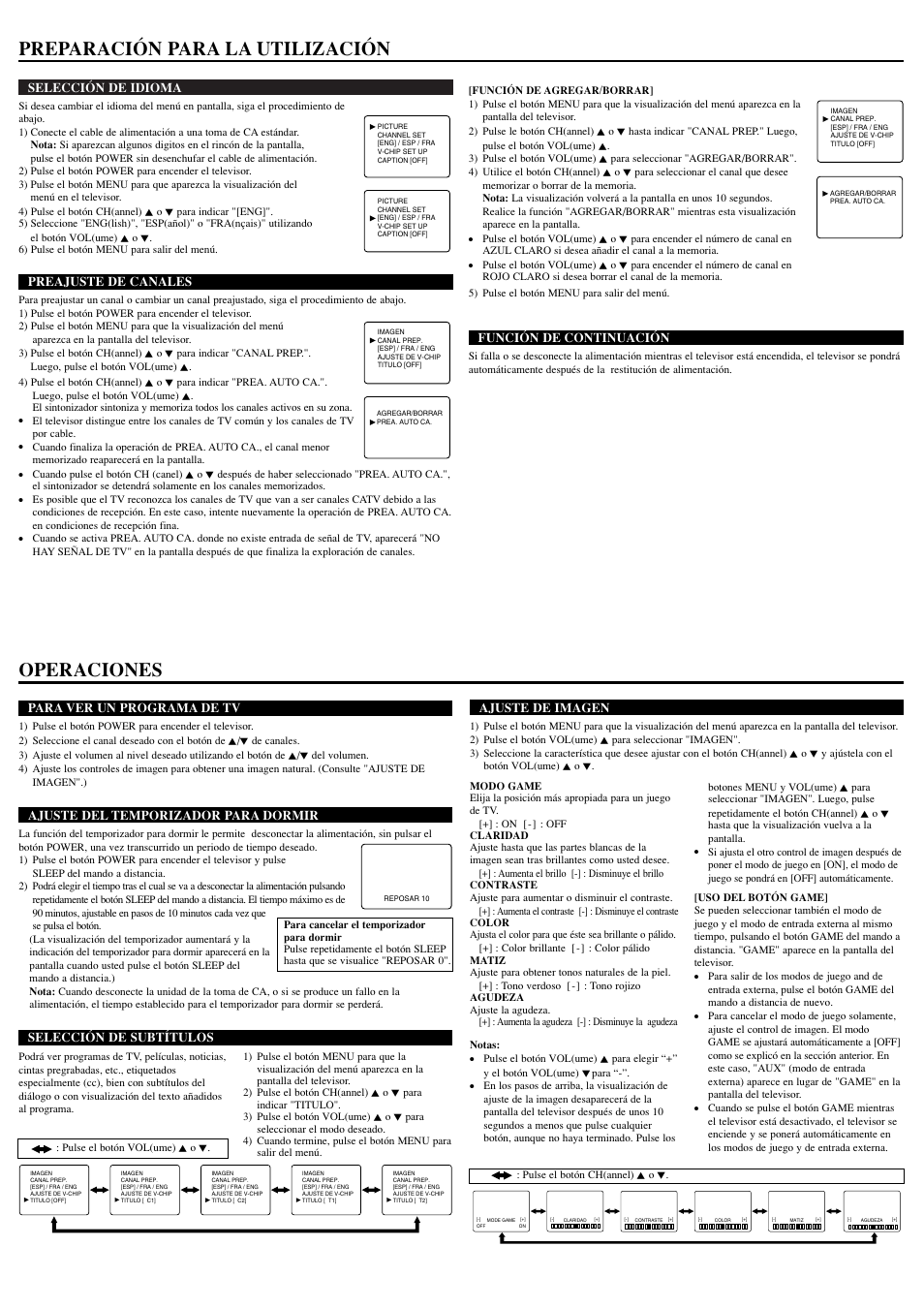 Preparación para la utilización, Operaciones, Selección de idioma | Preajuste de canales, Para ver un programa de tv, Ajuste del temporizador para dormir, Selección de subtítulos, Ajuste de imagen | Symphonic WFT20M4 User Manual | Page 7 / 8