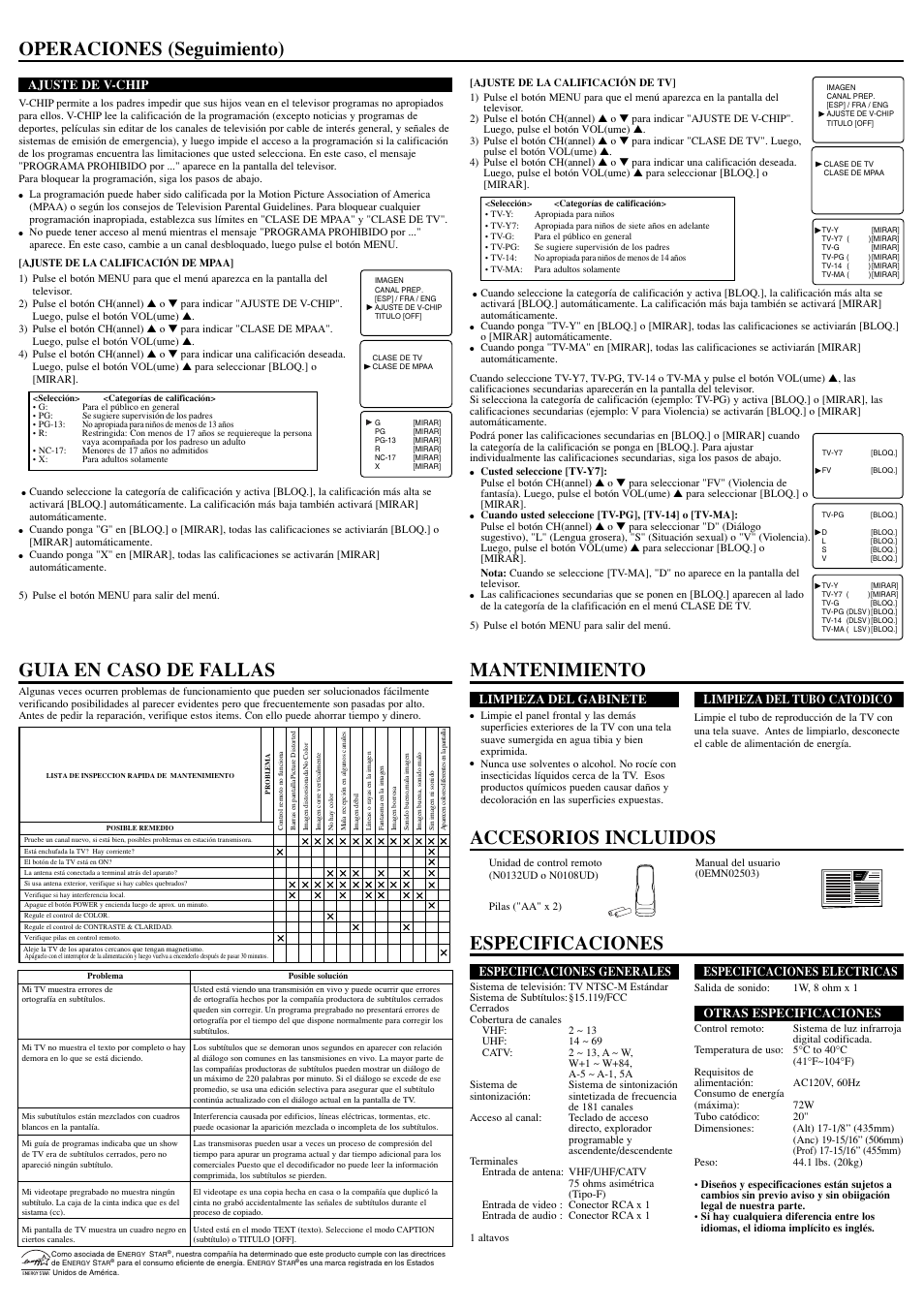 Especificaciones, Operaciones (seguimiento), Owner’s manual | Especificaciones generales, Especificaciones electricas, Otras especificaciones, Limpieza del gabinete, Limpieza del tubo catodico, Ajuste de v-chip | Symphonic WFT20M4 User Manual | Page 8 / 8