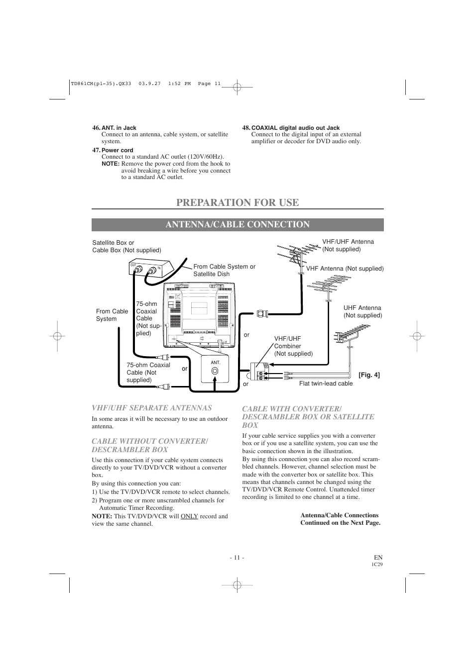 Preparation for use, Antenna/cable connection | Symphonic CWF719 User Manual | Page 11 / 52