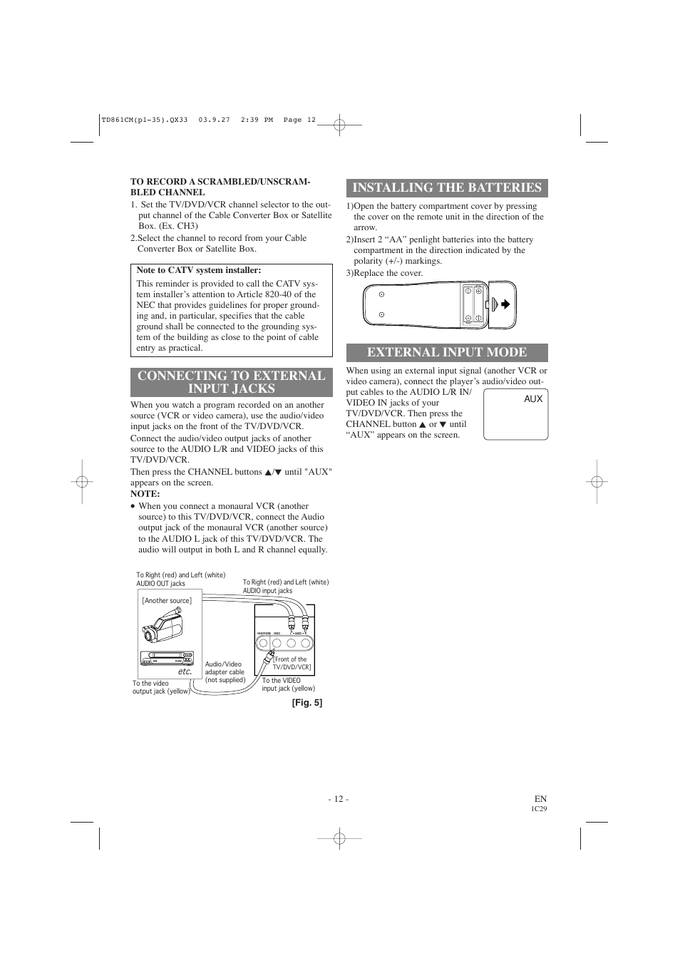 Installing the batteries, External input mode, Connecting to external input jacks | Symphonic CWF719 User Manual | Page 12 / 52