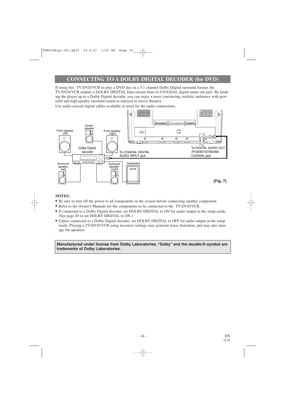 Connecting to a dolby digital decoder (for dvd) | Symphonic CWF719 User Manual | Page 14 / 52