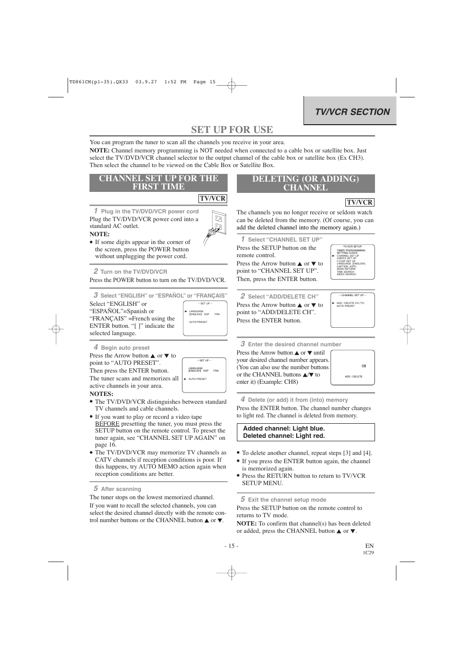 Set up for use, Channel set up for the first time, Deleting (or adding) channel | Symphonic CWF719 User Manual | Page 15 / 52