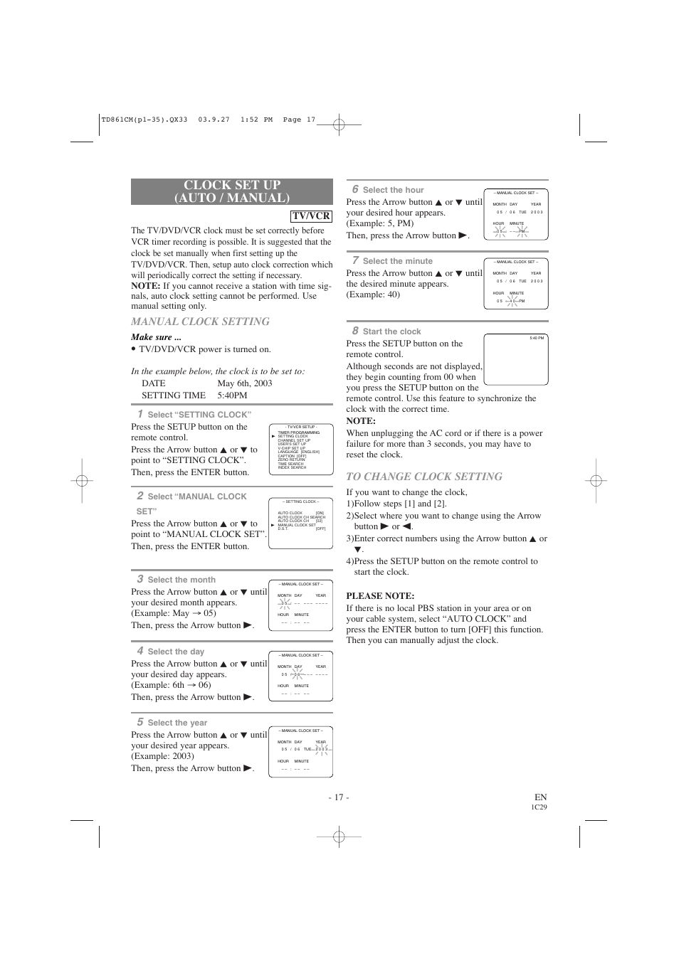 Clock set up (auto / manual), Manual clock setting, Tv/vcr | 17 - en, Make sure | Symphonic CWF719 User Manual | Page 17 / 52