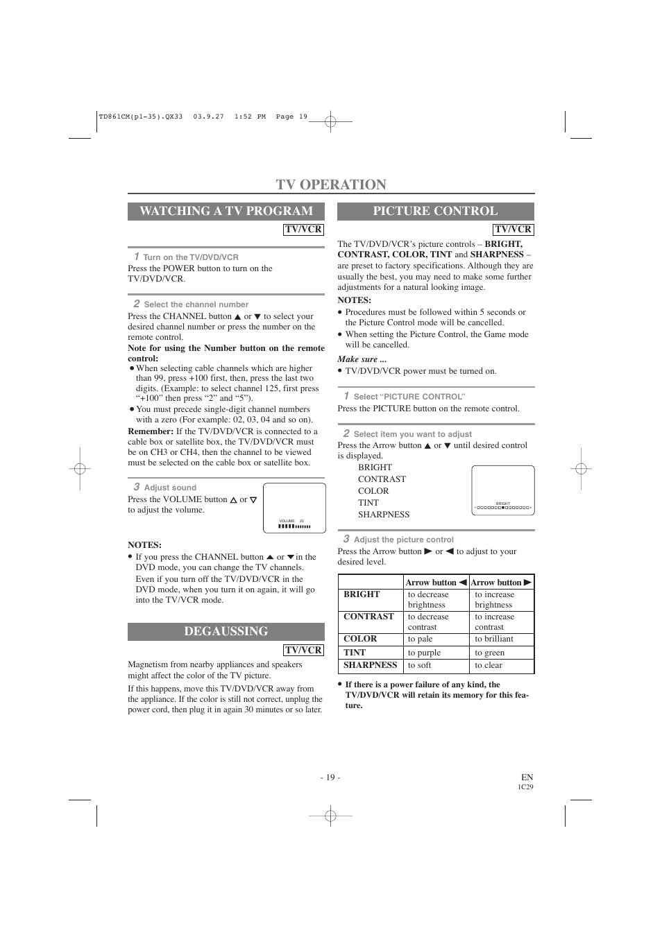 Tv operation, Degaussing, Watching a tv program | Picture control | Symphonic CWF719 User Manual | Page 19 / 52