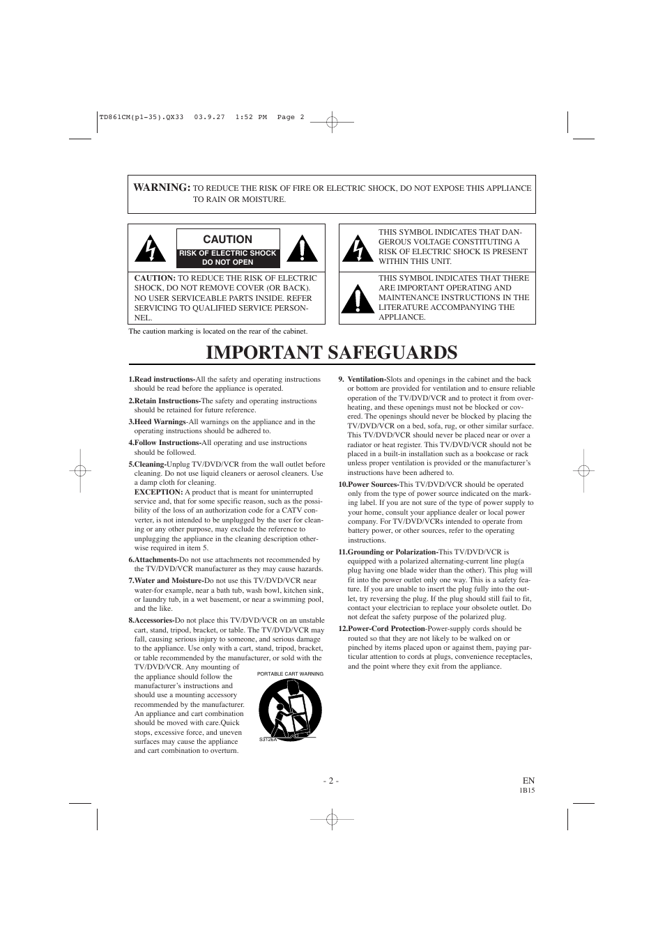 Important safeguards, Warning, Caution | Symphonic CWF719 User Manual | Page 2 / 52