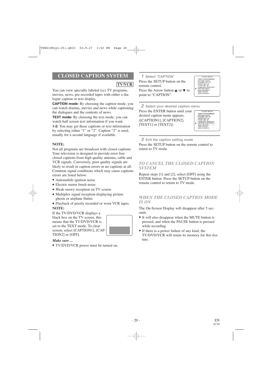 Closed caption system | Symphonic CWF719 User Manual | Page 20 / 52
