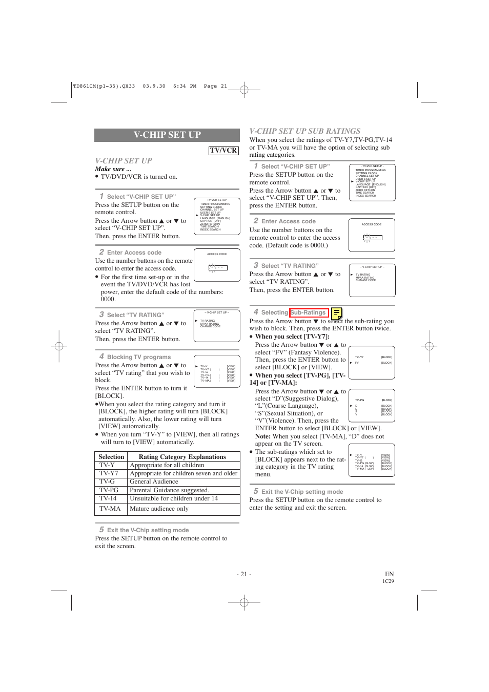 V-chip set up, V-chip set up sub ratings, Tv/vcr | 21 - en, Make sure, Tv/dvd/vcr is turned on | Symphonic CWF719 User Manual | Page 21 / 52
