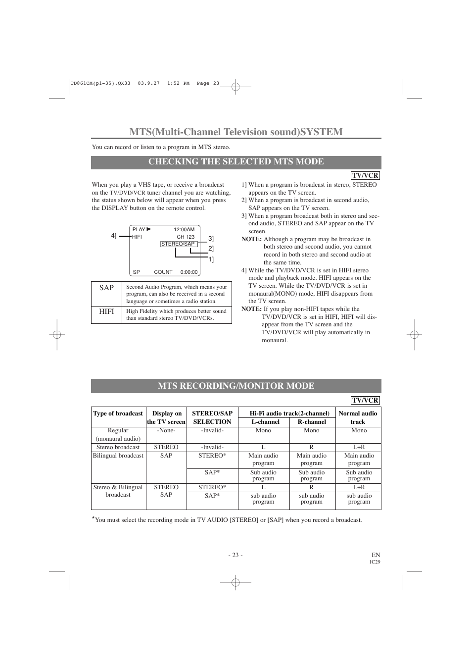 Mts(multi-channel television sound)system, Checking the selected mts mode, Mts recording/monitor mode | Symphonic CWF719 User Manual | Page 23 / 52
