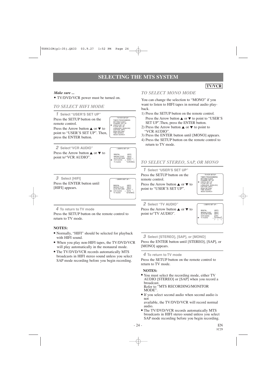 Selecting the mts system, Tv/vcr | Symphonic CWF719 User Manual | Page 24 / 52