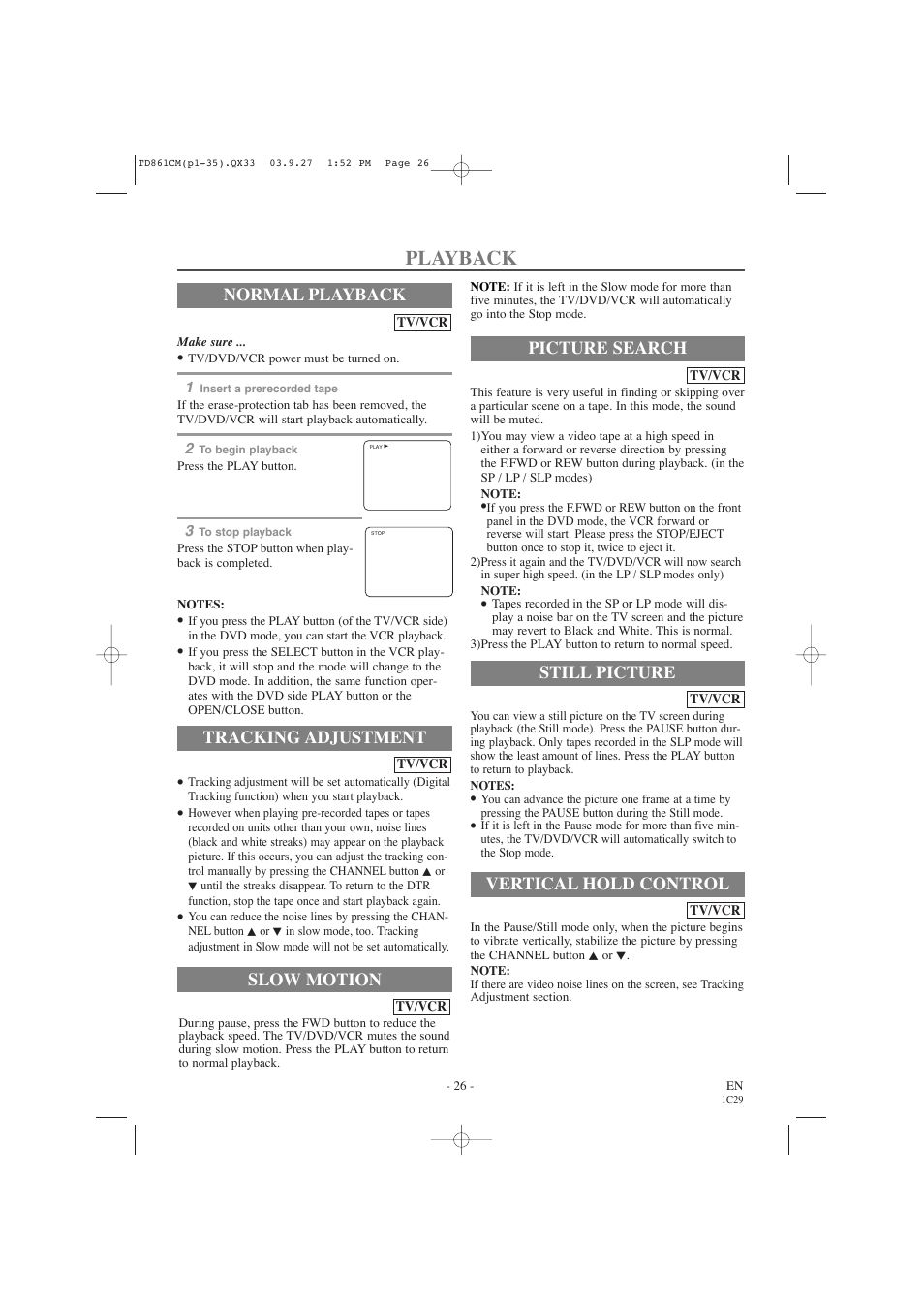 Playback, Normal playback, Tracking adjustment | Picture search, Still picture, Vertical hold control, Slow motion | Symphonic CWF719 User Manual | Page 26 / 52