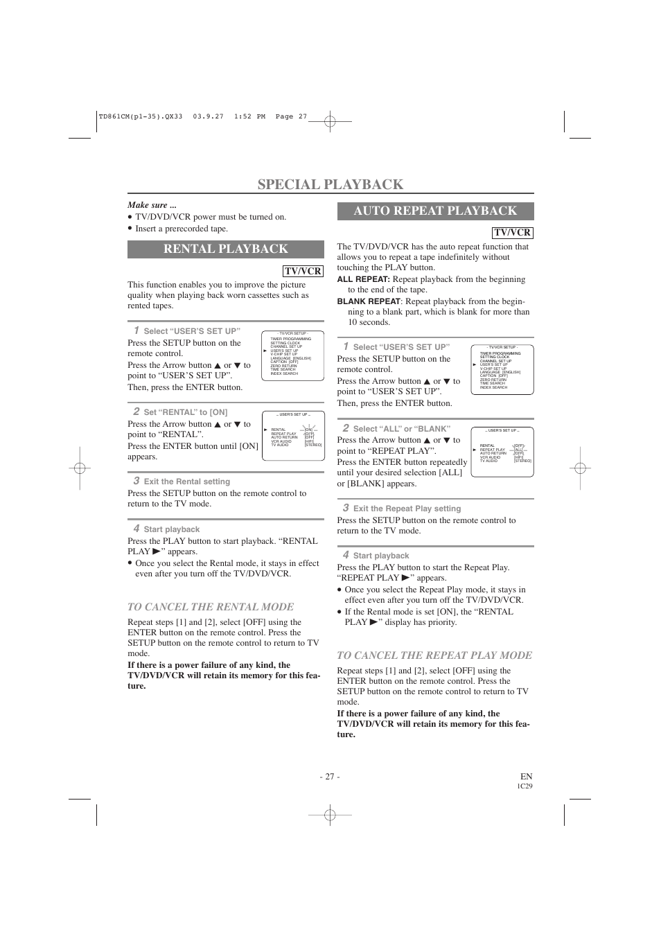 Special playback, Rental playback, Auto repeat playback | Tv/vcr | Symphonic CWF719 User Manual | Page 27 / 52