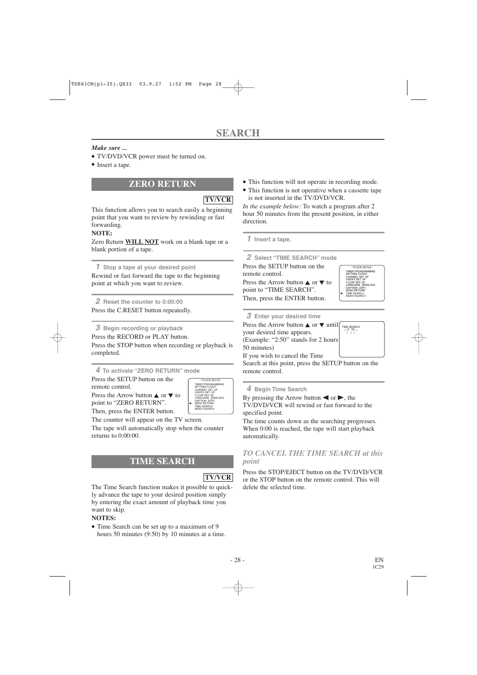 Search, Zero return, Time search | Symphonic CWF719 User Manual | Page 28 / 52