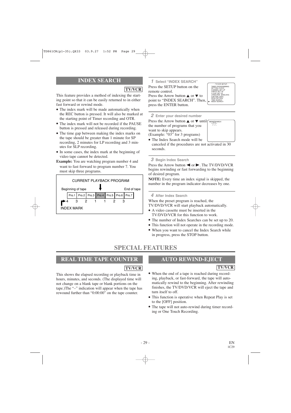 Special features, Index search, Real time tape counter | Auto rewind-eject | Symphonic CWF719 User Manual | Page 29 / 52