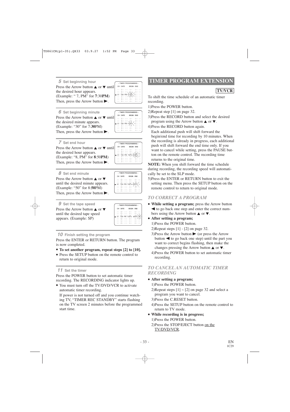 Timer program extension, Tv/vcr, 33 - en | Set beginning hour, Set beginning minute, Set end hour, Set end minute, Set the tape speed, Finish setting the program, Set the timer | Symphonic CWF719 User Manual | Page 33 / 52