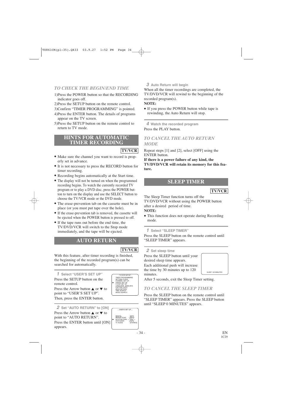 Hints for automatic timer recording, Auto return, Sleep timer | Symphonic CWF719 User Manual | Page 34 / 52