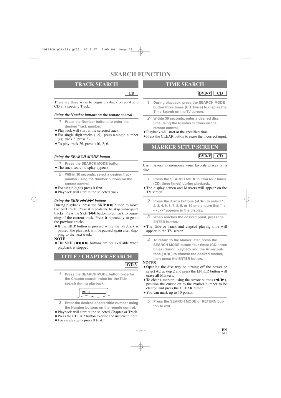 Search function, Track search, Title / chapter search | Time search, Marker setup screen | Symphonic CWF719 User Manual | Page 39 / 52