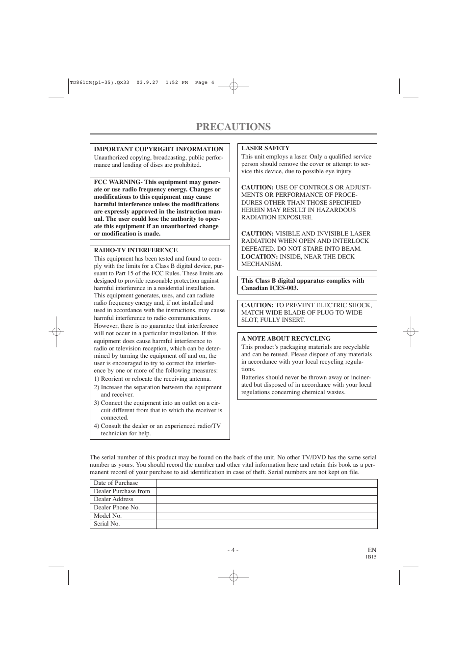 Precautions | Symphonic CWF719 User Manual | Page 4 / 52