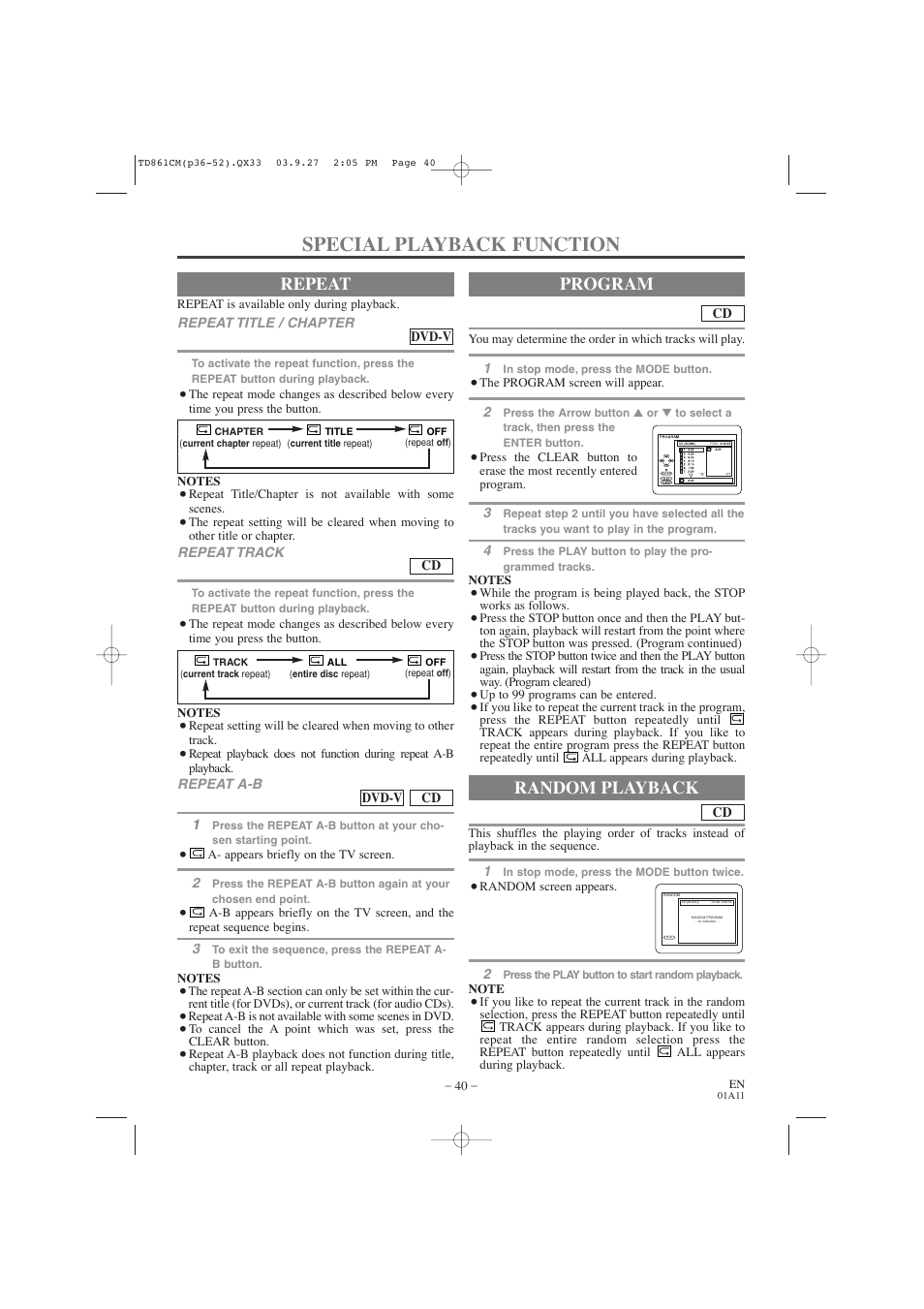 Special playback function, Repeat, Program | Random playback | Symphonic CWF719 User Manual | Page 40 / 52