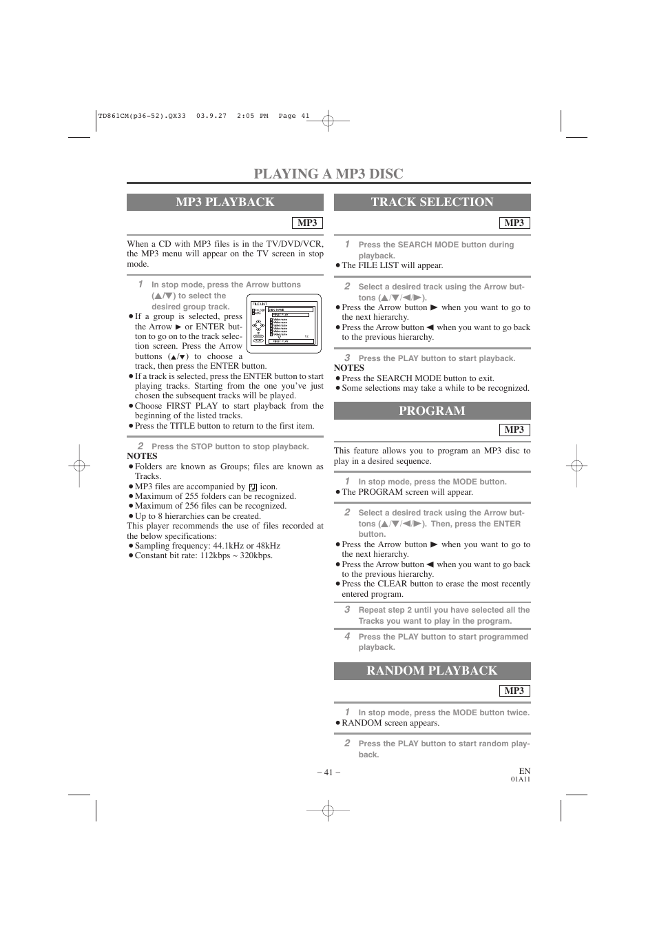 Playing a mp3 disc, Mp3 playback, Track selection random playback | Program | Symphonic CWF719 User Manual | Page 41 / 52