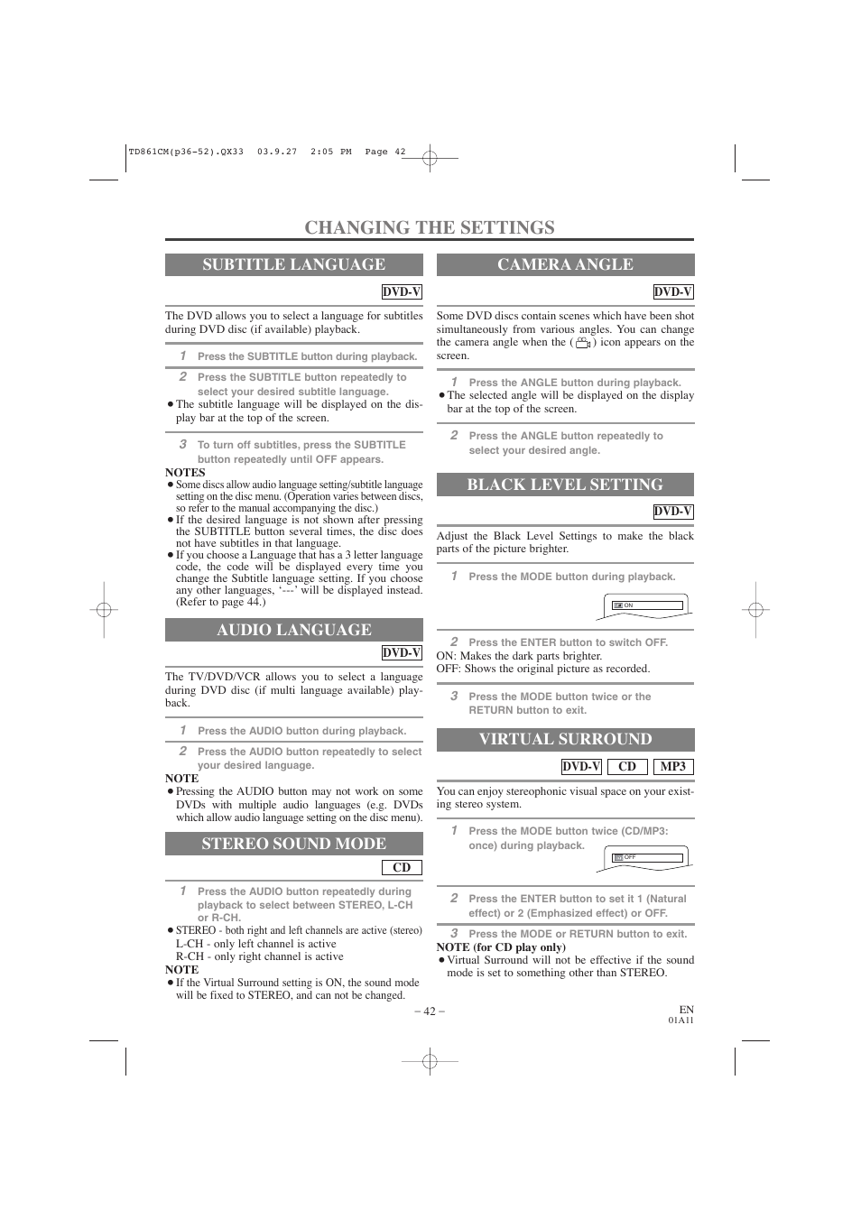 Changing the settings, Audio language, Stereo sound mode | Subtitle language camera angle, Black level setting, Virtual surround | Symphonic CWF719 User Manual | Page 42 / 52
