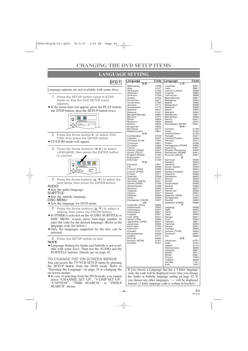 Changing the dvd setup items, Language setting, Dvd-v | Language options are not available with some discs, Custom mode will appear, Audio, Sets the audio language. subtitle, Sets the subtitle language. disc menu, Sets the language for dvd menu | Symphonic CWF719 User Manual | Page 44 / 52