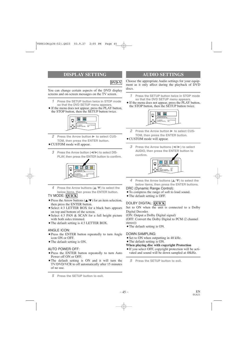 Audio settings, Display setting | Symphonic CWF719 User Manual | Page 45 / 52