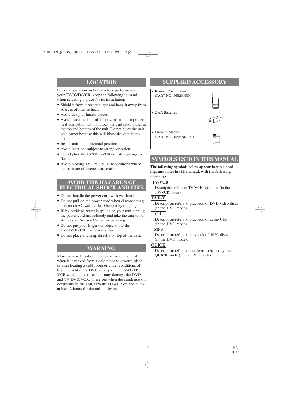Warning, Symbols used in this manual supplied accessory | Symphonic CWF719 User Manual | Page 5 / 52