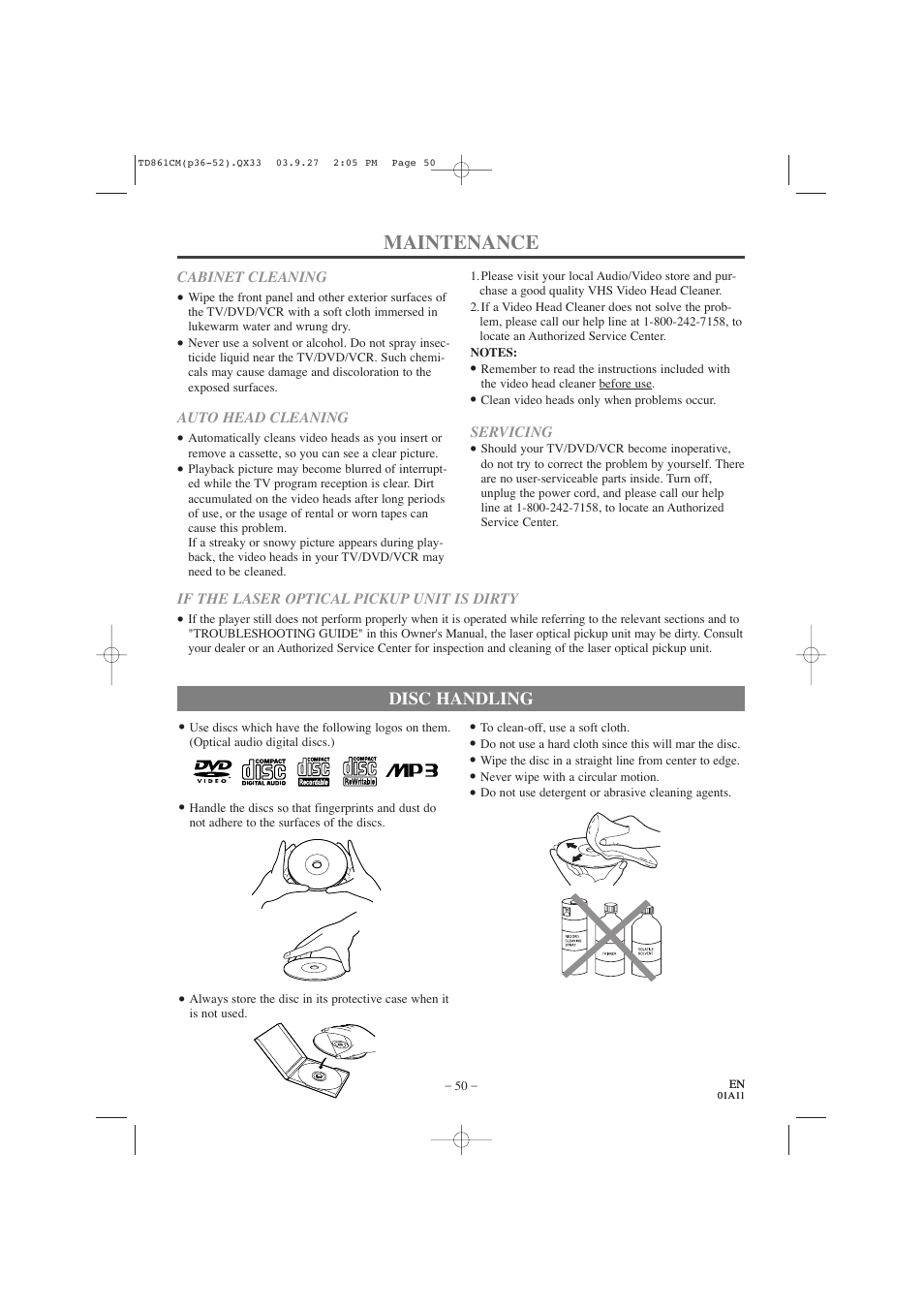 Maintenance, Disc handling | Symphonic CWF719 User Manual | Page 50 / 52
