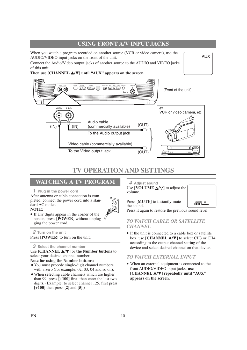 Tv operation and settings, Using front a/v input jacks, Watching a tv program | Symphonic SC1304 User Manual | Page 10 / 32