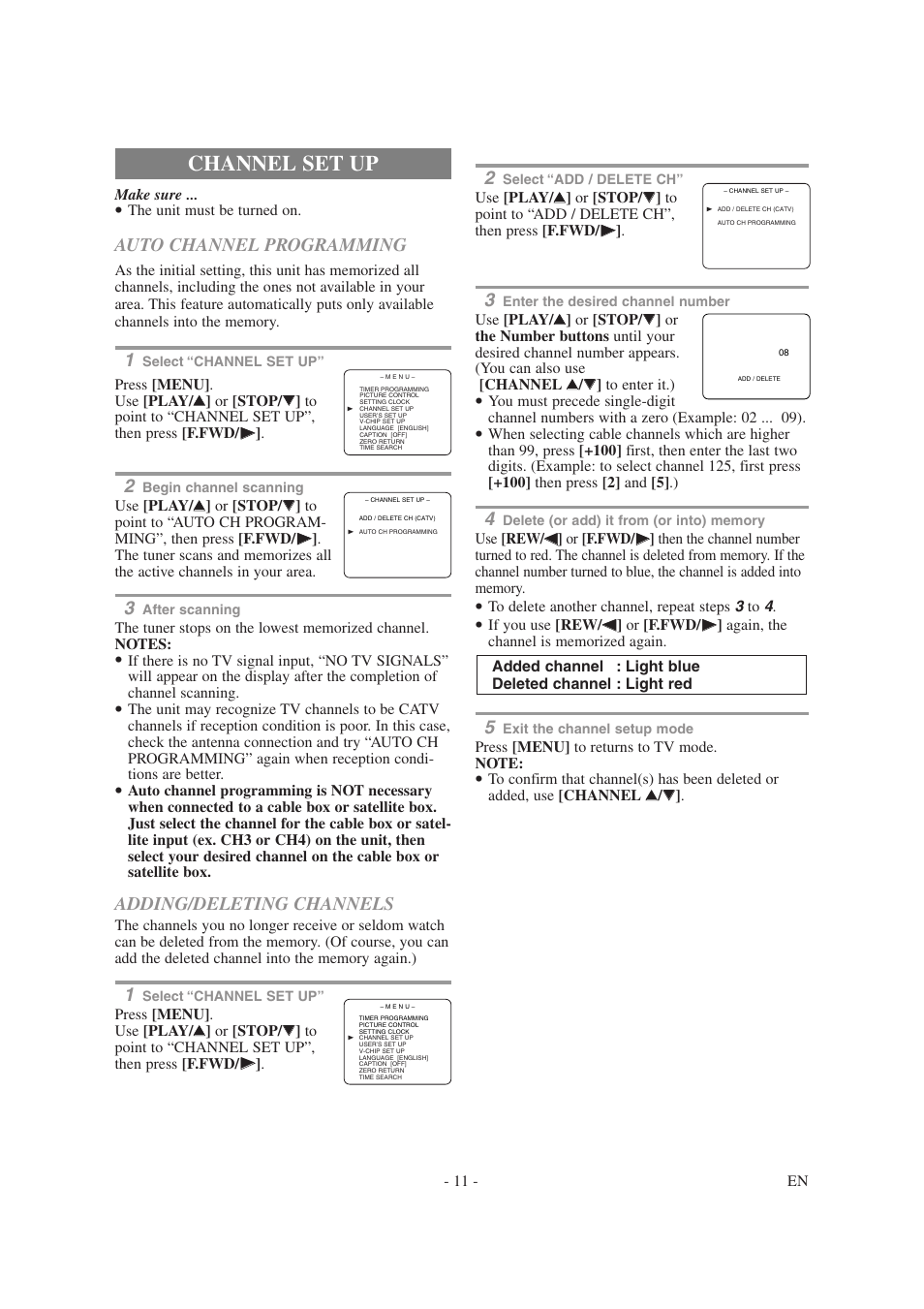 Channel set up, Auto channel programming, Adding/deleting channels | Symphonic SC1304 User Manual | Page 11 / 32